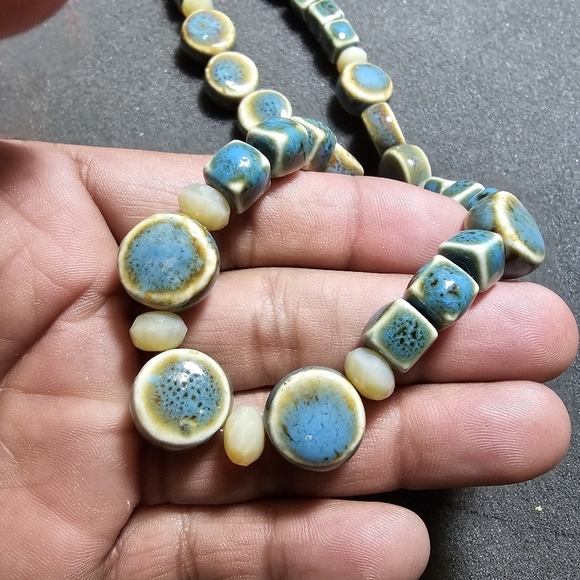 Boho Turquoise Ceramic/Porcelain Bead Statement Necklace Sterling Silver Clasp t - Picture 2 of 8